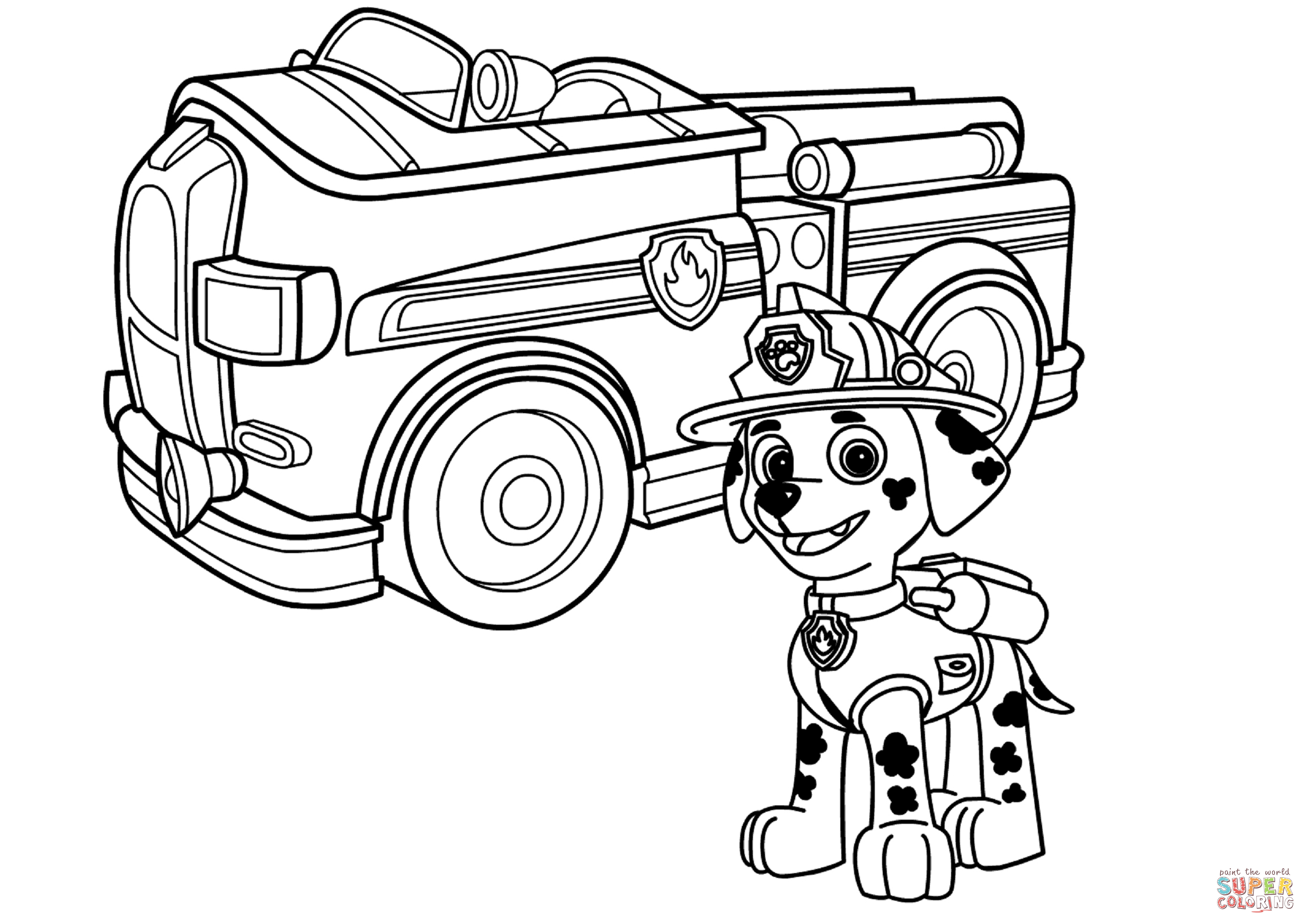 Paw Patrol Marshall with Fire Truck coloring page | Free Printable ...