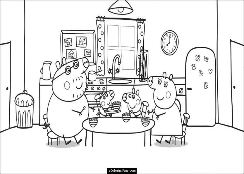 Peppa Pig and Family Eating Coloring Page for Kids Printable
