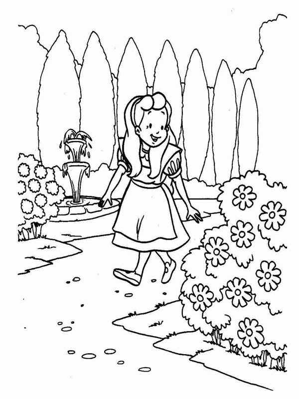 Alice Walking Around the Garden in Alice in Wonderland Coloring ...