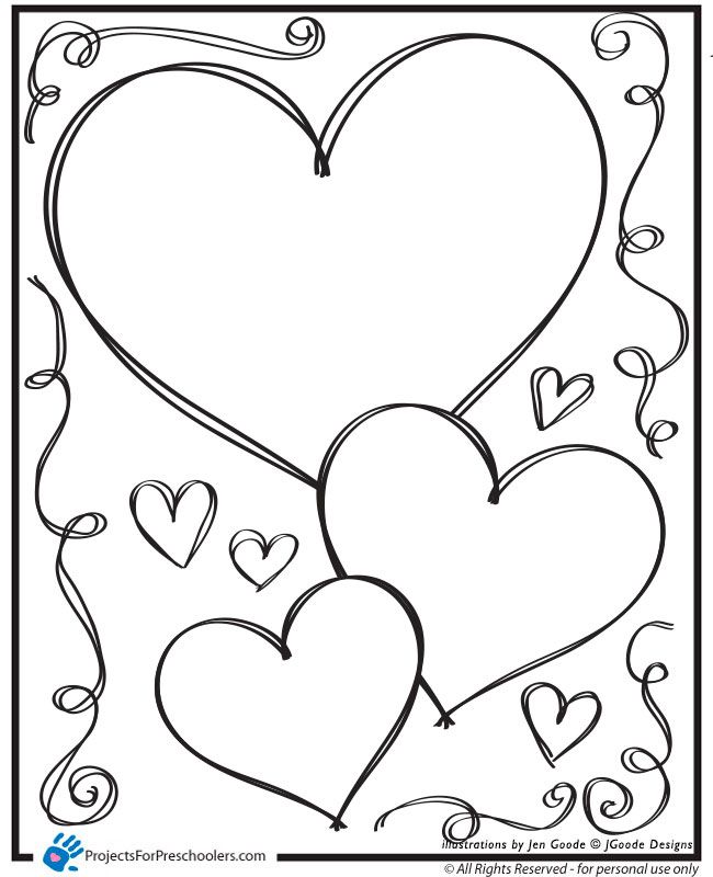 Free Printable Valentine hearts and swirls coloring page - from