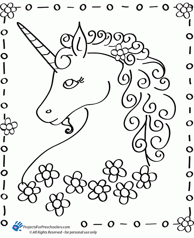 Free Printable Unicorn coloring page - from ProjectsforPreschoolers.