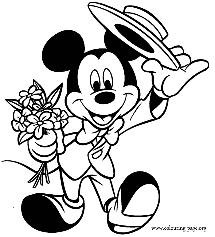 Mickey Mouse - Mickey holding flowers coloring page