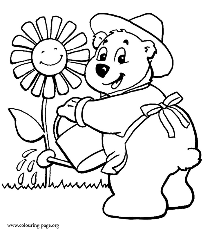 Bears - Cute bear watering a flower coloring page