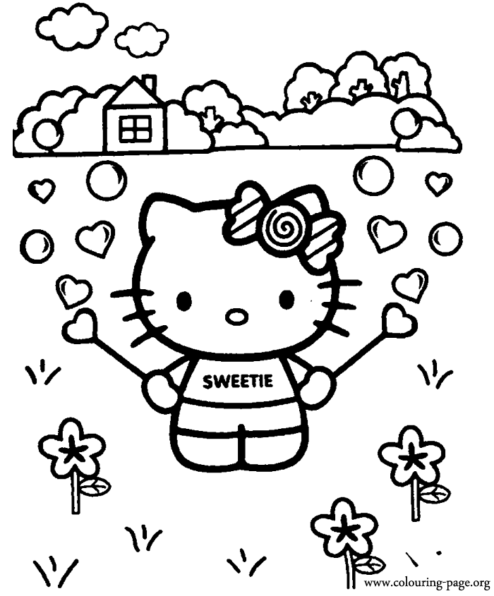 Hello Kitty - Hello Kitty playing with a bubble blower coloring page