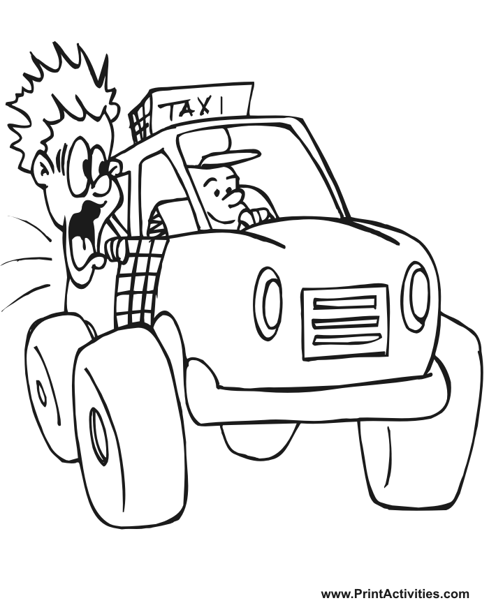 taxi Coloring Page | Taxi With Scared Passenger