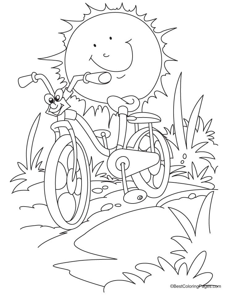 Cartoon racing bicycle against the sun coloring page | Download