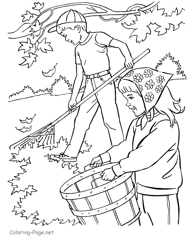 Autumn Coloring Book Page - Raking leaves