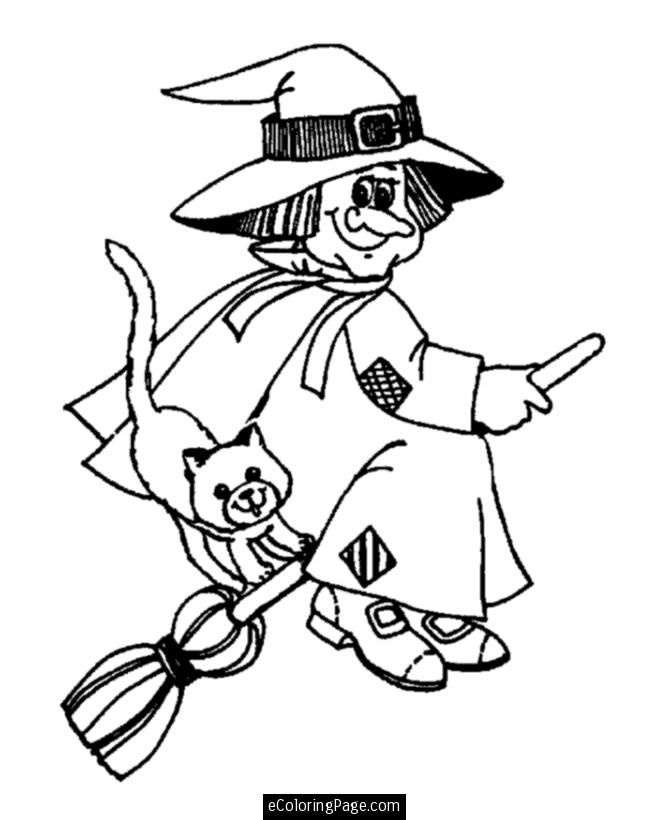 Happy Halloween Black Cat and Witch on a Broom Flying Coloring