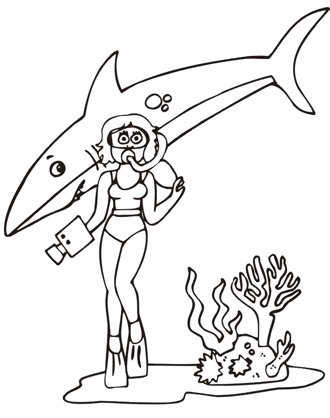 Shark Coloring Page | Shark & Woman Diver