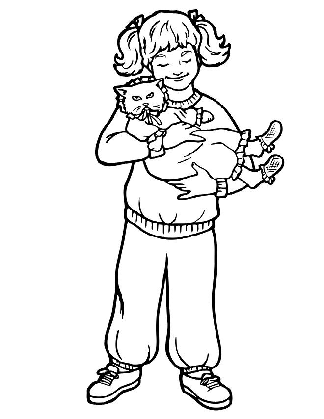 Cat Coloring Page | A Cat In A Dress Held By A Girl