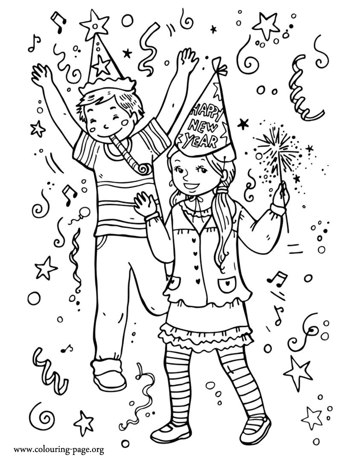 New Year - Kids celebrating New Year coloring page