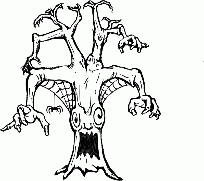 printable coloring page of a scary tree with spider web - Coloring