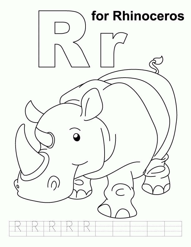 R for rhinoceros coloring page with handwriting practice