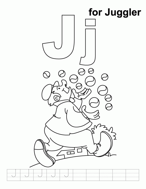 J for juggler coloring page with handwriting practice | Download