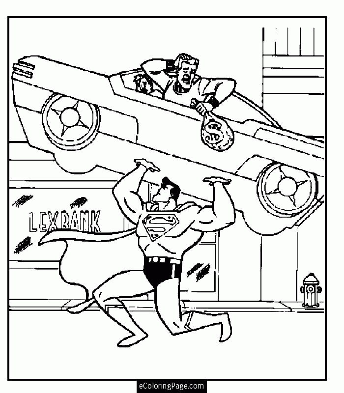 Superman Lifts Car and Catches the Robber Coloring Page Printable