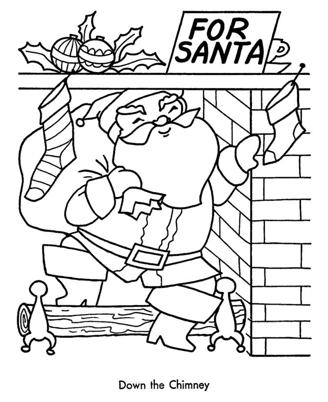 Christmas Santa Coloring Page - Santa comes down the chimney