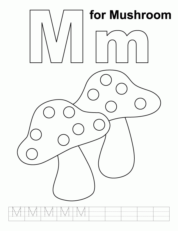M for mushroom coloring page with handwriting practice | Download