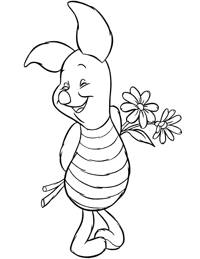 Piglet Holding Flowers And Laughing Coloring Page | Free Printable