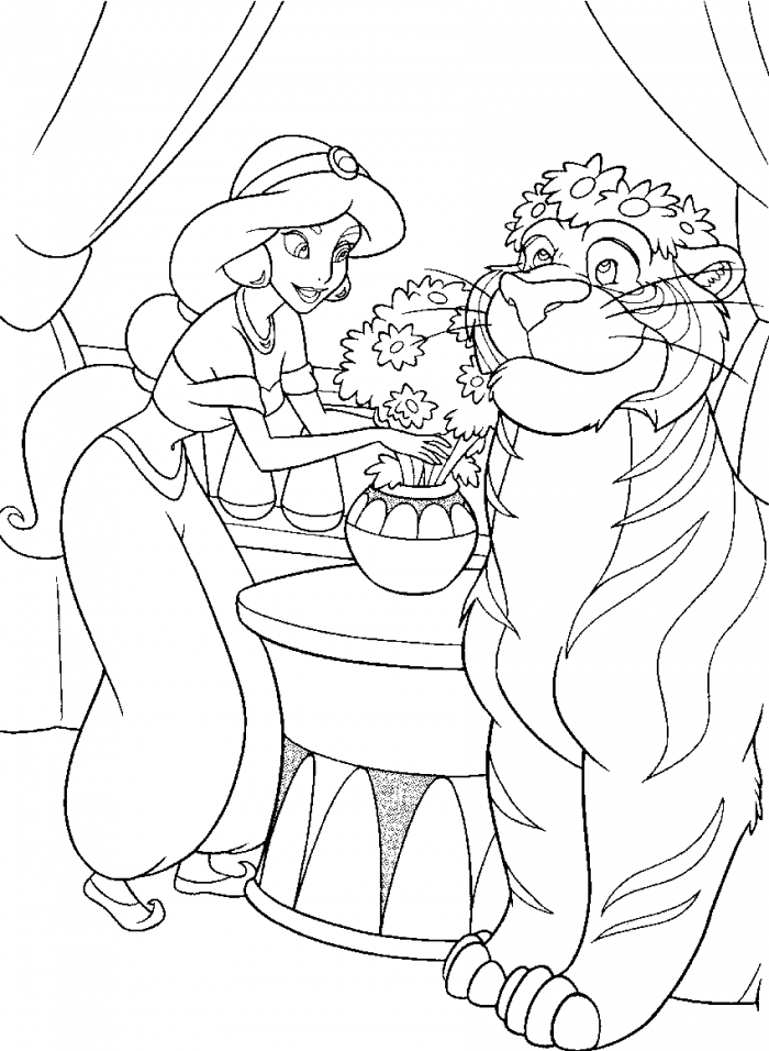 Jasmine Put Flowers in a Pot Coloring Page | Kids Coloring Page