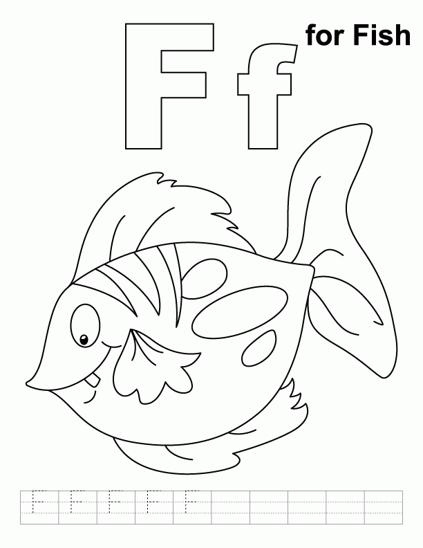 F for fish coloring page with handwriting practice | Download Free