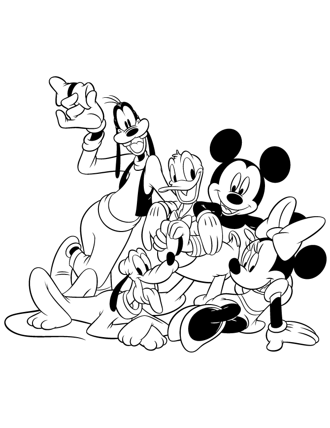 Mickey Minnie Donald Pluto Goofy Friends Coloring Page