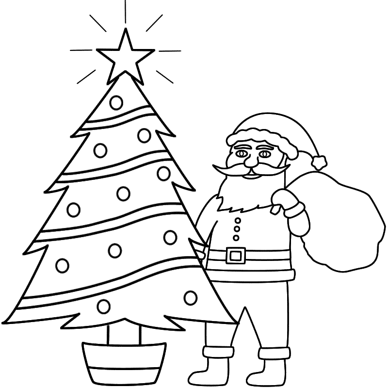 Santa Claus behind a Christmas Tree - Coloring Page (