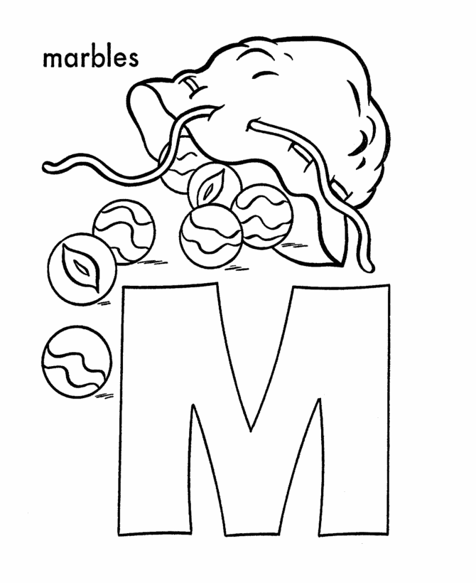 ABC Alphabet Coloring Sheets - M is for Marbles | HonkingDonkey