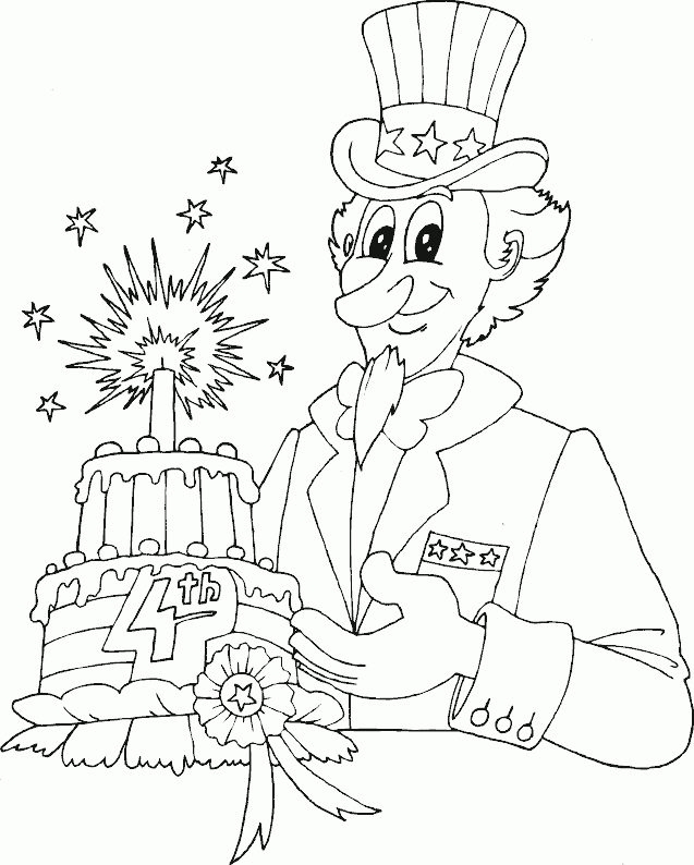 Uncle Sam with 4th of July cake Coloring Pages Printable