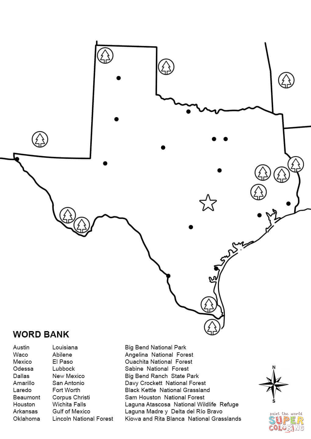 Texas Map Worksheet coloring page | Free Printable Coloring Pages