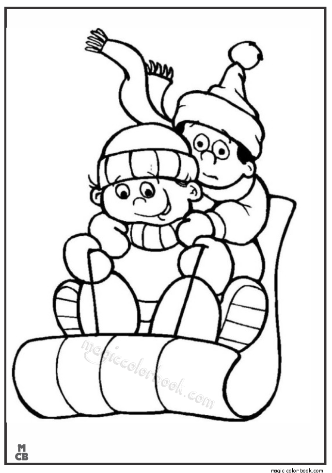 kid Sledding snow winter coloring page