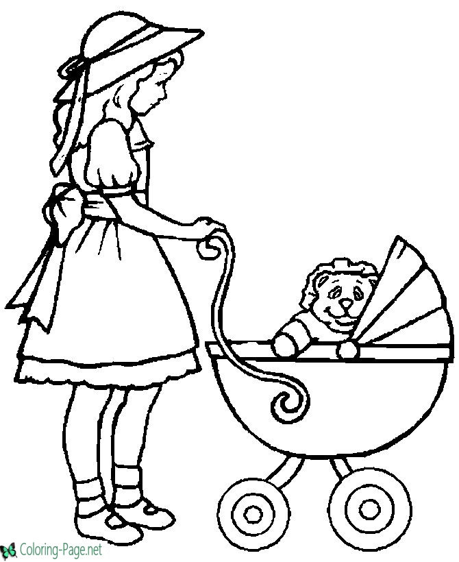 Children Coloring Pages Girl and Baby Carriage