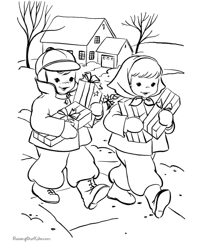 Kids Christmas coloring pages - Bringing gifts!