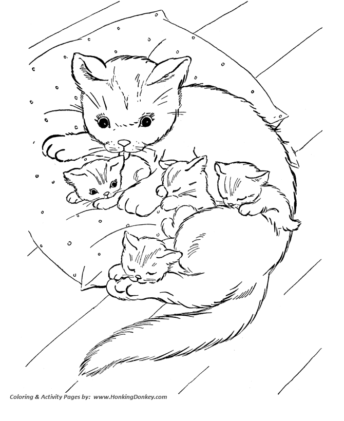 Cat Coloring Pages | Printable Cat and Kittens on Pillow Cat Coloring Page  | HonkingDonkey