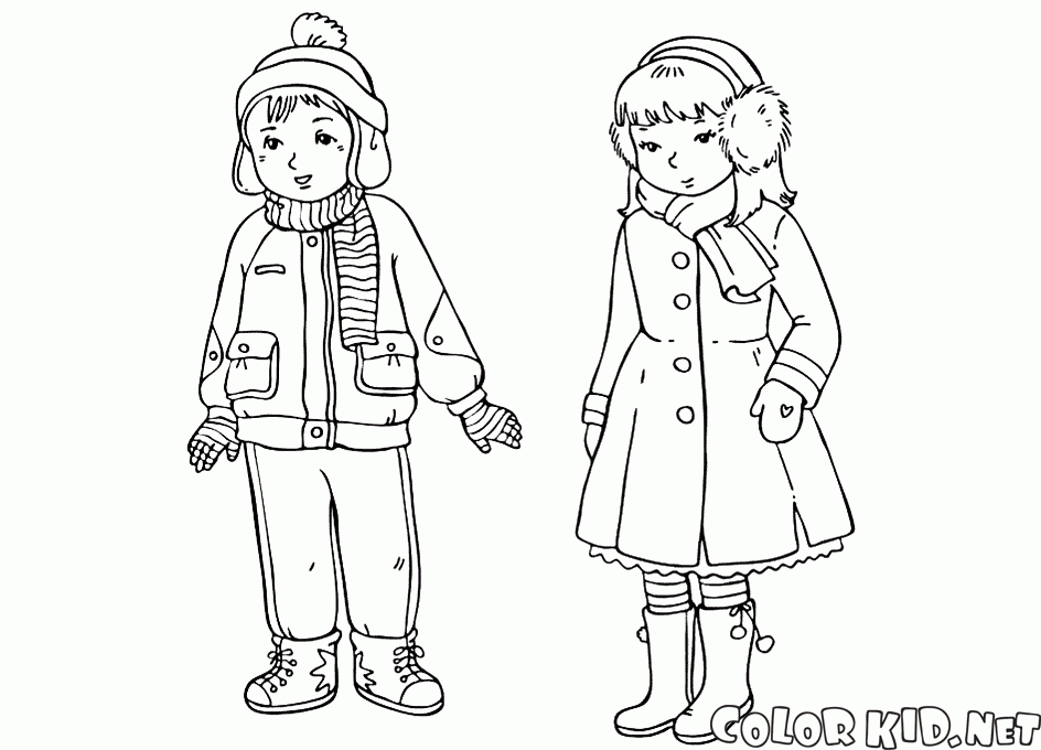 Coloring page - Children in winter clothes