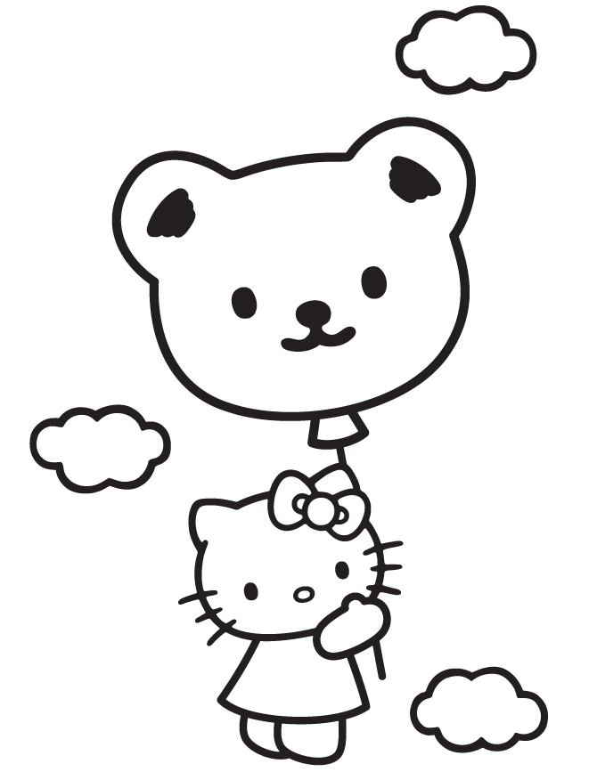 Hello Kitty In Sky With Teddy Bear Balloon Coloring Page | Free