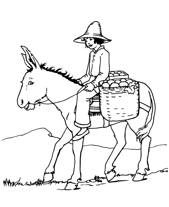 Farm Animal Coloring Pages | Riding a donkey to market Coloring