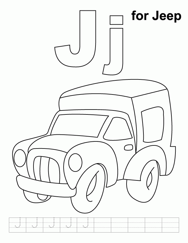 J for jeep coloring page with handwriting practice | Download Free