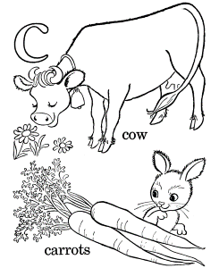 Letter C, Cow and Carrots Coloring pages for kids – Preschool