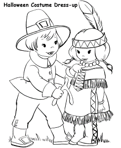 Halloween Costume Coloring Page - Pilgrim and Indian costume