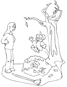 Autumn Leaves Coloring Page | Child Playing in Leaves