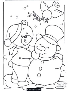 Merry Christmas Bear Birdie and Frosty the Snowman Coloring Page