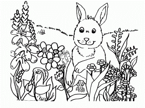 Spring Rabbit Flowers Coloring For Kids - Spring Coloring Pages