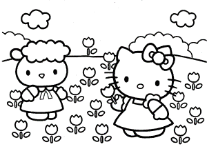 Hello Kitty Planting Flowers Coloring Pages | Coloring