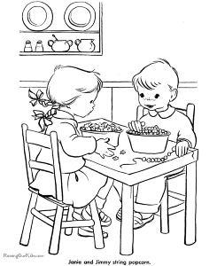 Printable Christmas coloring pages - Stringing popcorn!