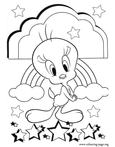 Tweety - Tweety and a pretty rainbow coloring page