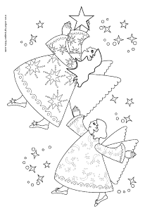 Two Christmas Angels with stars color page - Christmas coloring pages