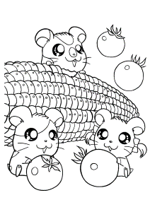 Happy Hamsters With Sun Flower Hamtaro Coloring Page - Cartoon