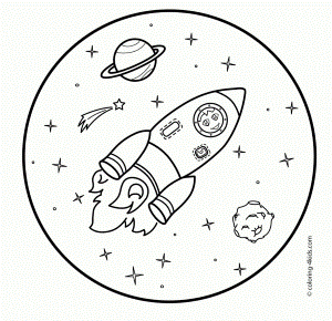 Space Coloring Pages With Rocket For Kids With Cat Printable Free ...
