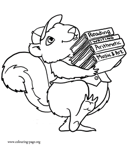Squirrels - Happy squirrel with many books coloring page