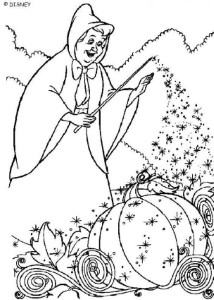 Cinderella coloring book pages - Fairy Godmother and the pumpkin